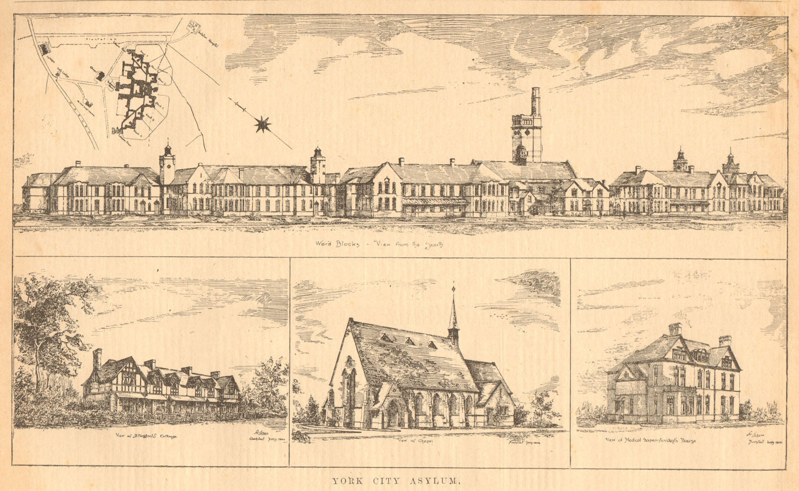 York City Asylum, Naburn. Ward blocks Attendants cottages chapel 1903 print